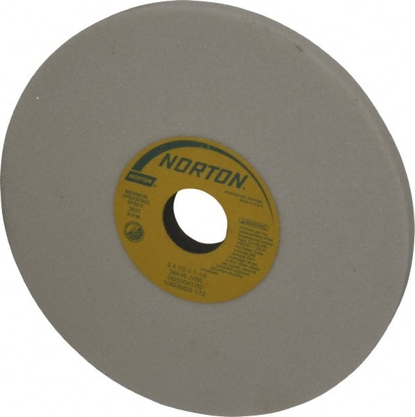 Norton - 8" Diam x 1-1/4" Hole x 1/2" Thick, J Hardness, 46 Grit Surface Grinding Wheel - Aluminum Oxide, Type 1, Coarse Grade, 3,600 Max RPM, Vitrified Bond, No Recess - Exact Tooling
