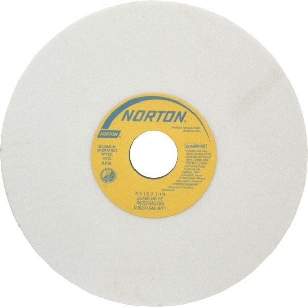 Norton - 8" Diam x 1-1/4" Hole x 1/2" Thick, H Hardness, 60 Grit Surface Grinding Wheel - Aluminum Oxide, Type 1, Medium Grade, 3,600 Max RPM, Vitrified Bond, No Recess - Exact Tooling