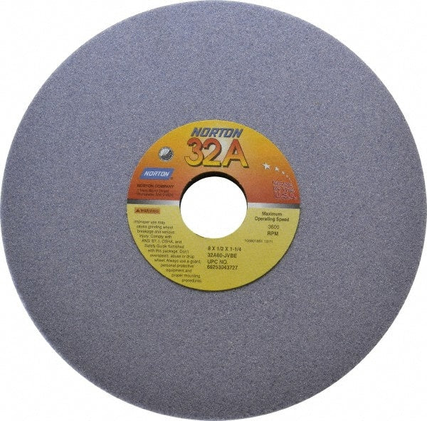 Norton - 8" Diam x 1-1/4" Hole x 1/2" Thick, J Hardness, 60 Grit Surface Grinding Wheel - Aluminum Oxide, Type 1, Medium Grade, 3,600 Max RPM, Vitrified Bond, No Recess - Exact Tooling