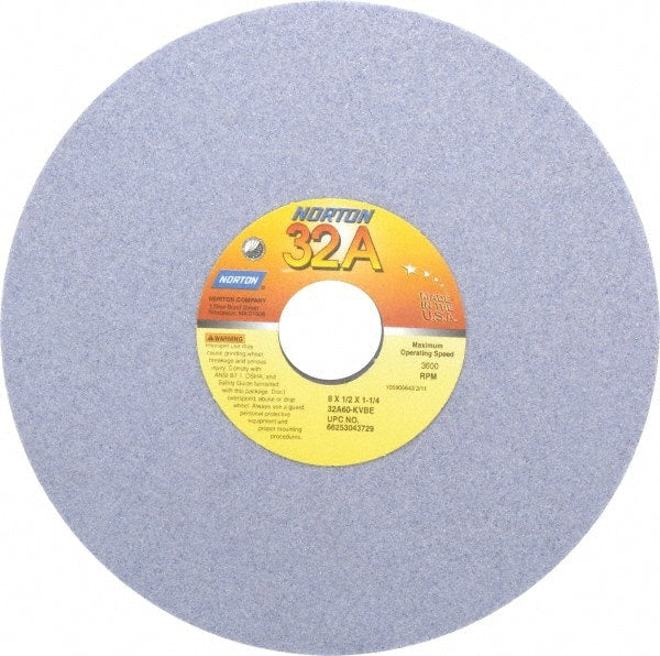Norton - 8" Diam x 1-1/4" Hole x 1/2" Thick, K Hardness, 60 Grit Surface Grinding Wheel - Aluminum Oxide, Type 1, Medium Grade, 3,600 Max RPM, Vitrified Bond, No Recess - Exact Tooling