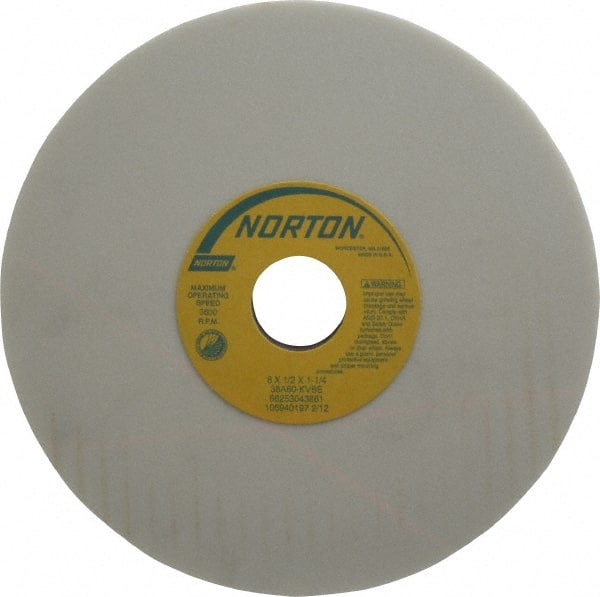 Norton - 8" Diam x 1-1/4" Hole x 1/2" Thick, K Hardness, 60 Grit Surface Grinding Wheel - Aluminum Oxide, Type 1, Medium Grade, 3,600 Max RPM, Vitrified Bond, No Recess - Exact Tooling