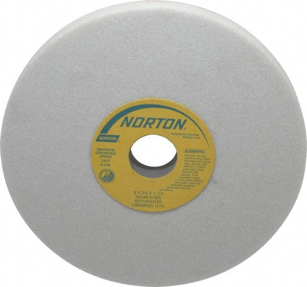 Norton - 8" Diam x 1-1/4" Hole x 3/4" Thick, K Hardness, 46 Grit Surface Grinding Wheel - Aluminum Oxide, Type 1, Coarse Grade, 3,600 Max RPM, Vitrified Bond, No Recess - Exact Tooling