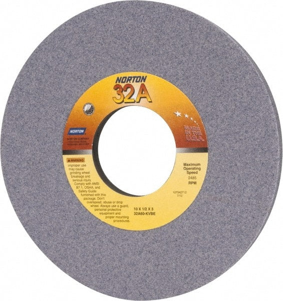 Norton - 10" Diam x 3" Hole x 1/2" Thick, K Hardness, 60 Grit Surface Grinding Wheel - Aluminum Oxide, Type 1, Medium Grade, 2,485 Max RPM, Vitrified Bond, No Recess - Exact Tooling