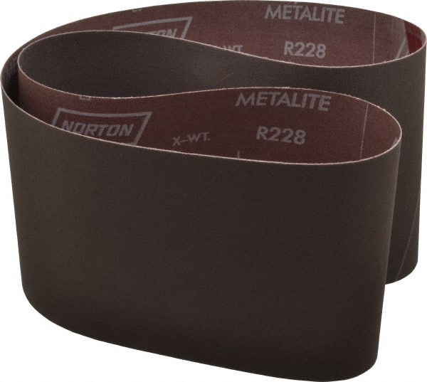 Norton - 6" Wide x 48" OAL, 320 Grit, Aluminum Oxide Abrasive Belt - Aluminum Oxide, Extra Fine, Coated, X Weighted Cloth Backing, Series R228 - Exact Tooling