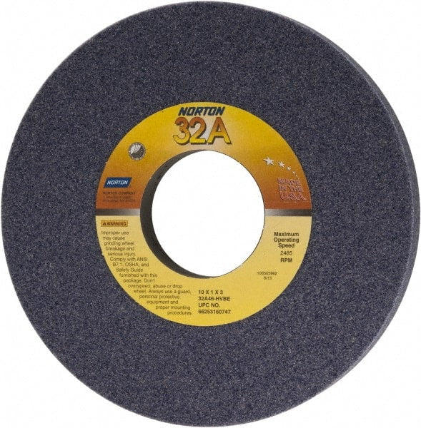 Norton - 10" Diam x 3" Hole x 1" Thick, H Hardness, 46 Grit Surface Grinding Wheel - Aluminum Oxide, Type 1, Coarse Grade, 2,485 Max RPM, Vitrified Bond, No Recess - Exact Tooling