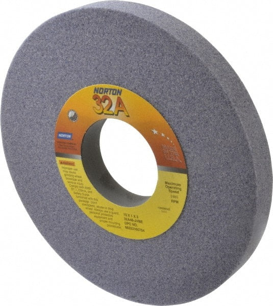 Norton - 10" Diam x 3" Hole x 1" Thick, J Hardness, 46 Grit Surface Grinding Wheel - Aluminum Oxide, Type 1, Coarse Grade, 2,485 Max RPM, Vitrified Bond, No Recess - Exact Tooling