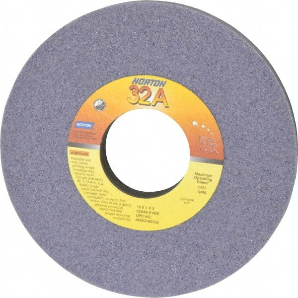 Norton - 10" Diam x 3" Hole x 1" Thick, K Hardness, 46 Grit Surface Grinding Wheel - Aluminum Oxide, Type 1, Coarse Grade, 2,485 Max RPM, Vitrified Bond, No Recess - Exact Tooling