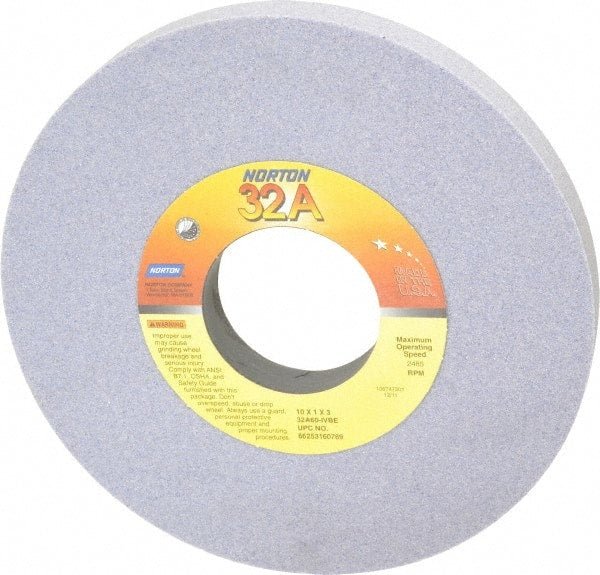 Norton - 10" Diam x 3" Hole x 1" Thick, I Hardness, 60 Grit Surface Grinding Wheel - Aluminum Oxide, Type 1, Medium Grade, 2,485 Max RPM, Vitrified Bond, No Recess - Exact Tooling