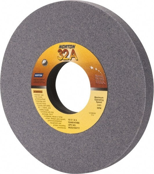 Norton - 10" Diam x 3" Hole x 1" Thick, K Hardness, 60 Grit Surface Grinding Wheel - Aluminum Oxide, Type 1, Medium Grade, 2,485 Max RPM, Vitrified Bond, No Recess - Exact Tooling