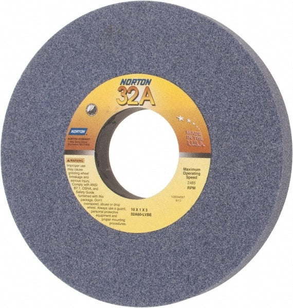 Norton - 10" Diam x 3" Hole x 1" Thick, L Hardness, 60 Grit Surface Grinding Wheel - Aluminum Oxide, Type 1, Medium Grade, 2,485 Max RPM, Vitrified Bond, No Recess - Exact Tooling