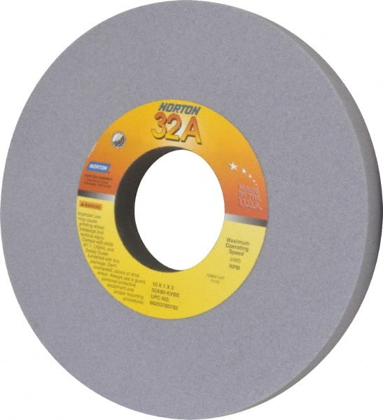 Norton - 10" Diam x 3" Hole x 1" Thick, K Hardness, 80 Grit Surface Grinding Wheel - Aluminum Oxide, Type 1, Medium Grade, 2,485 Max RPM, Vitrified Bond, No Recess - Exact Tooling