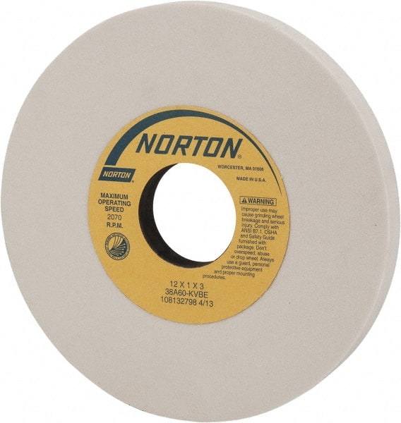 Norton - 12" Diam x 3" Hole x 1" Thick, K Hardness, 60 Grit Surface Grinding Wheel - Aluminum Oxide, Type 1, Medium Grade, 2,070 Max RPM, Vitrified Bond, No Recess - Exact Tooling