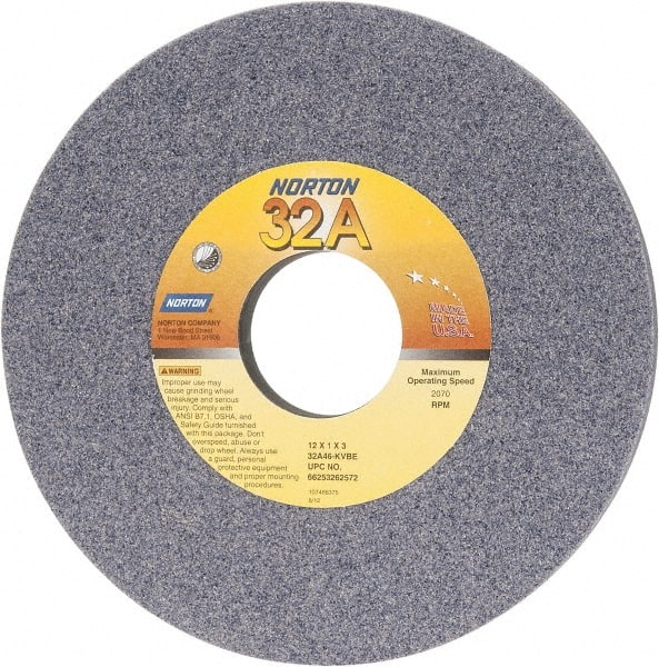 Norton - 12" Diam x 3" Hole x 1" Thick, K Hardness, 46 Grit Surface Grinding Wheel - Aluminum Oxide, Type 1, Coarse Grade, 2,070 Max RPM, Vitrified Bond, No Recess - Exact Tooling