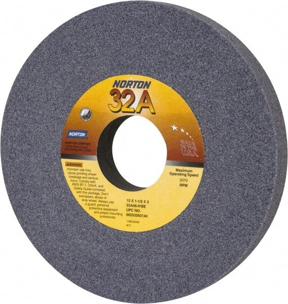 Norton - 12" Diam x 3" Hole x 1-1/2" Thick, I Hardness, 46 Grit Surface Grinding Wheel - Aluminum Oxide, Type 1, Coarse Grade, 2,070 Max RPM, Vitrified Bond, No Recess - Exact Tooling