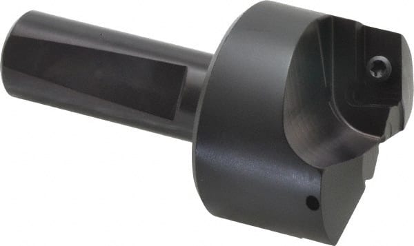 Kyocera - 75° Lead Angle, 1.8" Max Cut Diam, 0.69" Min Cut Diam, 0.158" Max Depth of Cut, Indexable Chamfer and Angle End Mill - Holds 2 Inserts, APET 1604 Insert Style, 3-1/4" Overall Length, Straight Shank, 150° Included Angle - Exact Tooling