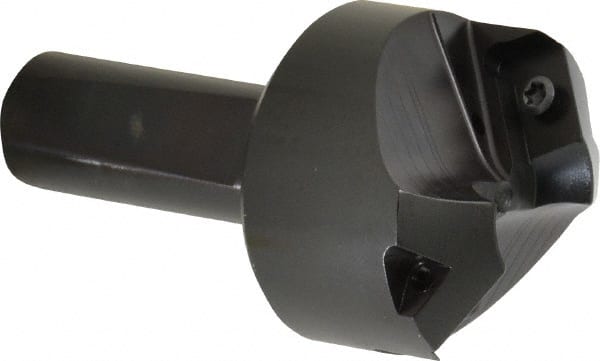 Kyocera - 60° Lead Angle, 1.85" Max Cut Diam, 0.8" Min Cut Diam, 0.308" Max Depth of Cut, Indexable Chamfer and Angle End Mill - 2 Inserts, APET 1604 Insert Style, 3-1/4" Overall Length, Straight Shank, 120° Included Angle - Exact Tooling