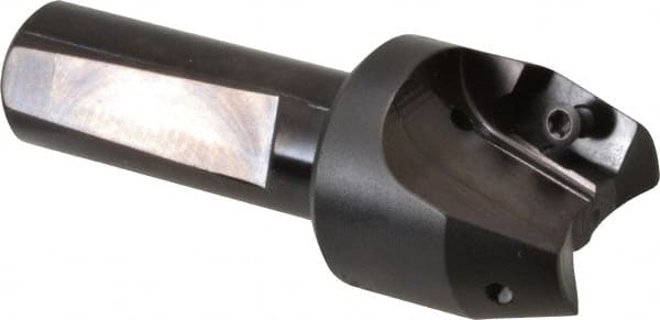 Kyocera - 15° Lead Angle, 1.3" Max Cut Diam, 1" Min Cut Diam, 0.613" Max Depth of Cut, Indexable Chamfer and Angle End Mill - 2 Inserts, APET 1604 Insert Style, 3-1/4" Overall Length, Straight Shank, 30° Included Angle - Exact Tooling