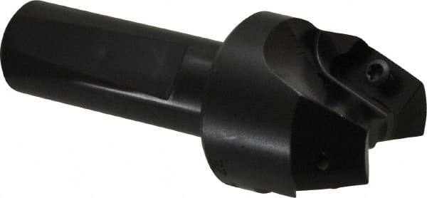 Kyocera - 20° Lead Angle, 1.42" Max Cut Diam, 1" Min Cut Diam, 0.595" Max Depth of Cut, Indexable Chamfer and Angle End Mill - 2 Inserts, APET 1604 Insert Style, 3-1/4" Overall Length, Weldon Flat, 40° Included Angle - Exact Tooling