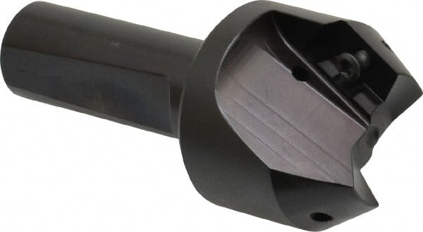 Kyocera - 30° Lead Angle, 1.62" Max Cut Diam, 1" Min Cut Diam, 0.544" Max Depth of Cut, Indexable Chamfer and Angle End Mill - 2 Inserts, APET 1604 Insert Style, 3-1/4" Overall Length, Straight Shank, 60° Included Angle - Exact Tooling