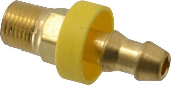 Eaton - 1/4" ID 1/8-27 NPT Barbed Push On Male Connector - 11/16" Cut Off Allowance, 1.29" Long, 7/16" Hex, Brass - Exact Tooling