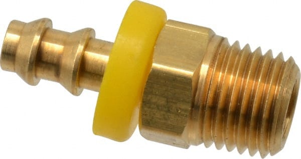 Eaton - 1/4" ID 1/4-18 NPT Barbed Push On Male Connector - 7/8" Cut Off Allowance, 1.52" Long, 9/16" Hex, Brass - Exact Tooling
