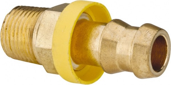 Eaton - 1/2" ID 3/8-18 NPT Barbed Push On Male Connector - 15/16" Cut Off Allowance, 1.85" Long, 11/16" Hex, Brass - Exact Tooling