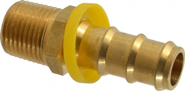 Eaton - 5/8" ID 1/2-14 NPT Barbed Push On Male Connector - 1-3/16" Cut Off Allowance, 2.6" Long, 7/8" Hex, Brass - Exact Tooling