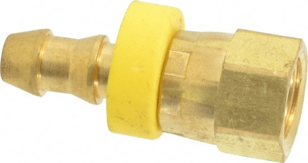 Eaton - 1/4" ID 7/16-20 UNF Barbed Push On Female JIC 37/SAE 45 Swivel Connector - 3/4" Cut Off Allowance, 1.38" Long, 9/16" Hex, Brass - Exact Tooling