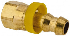 Eaton - 3/8" ID 9/16-18 UNF Barbed Push On Female JIC 37 Swivel Connector - 7/8" Cut Off Allowance, 1.62" Long, 11/16" Hex, Brass - Exact Tooling