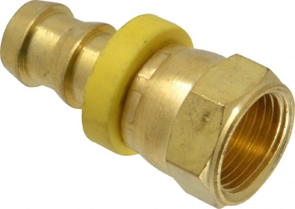 Eaton - 1/2" ID 3/4-16 UNF Barbed Push On Female JIC 37/SAE 45 Swivel Connector - 1" Cut Off Allowance, 1.9" Long, 7/8" Hex, Brass - Exact Tooling