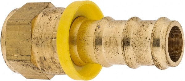 Eaton - 5/8" ID 7/8-14 UNF Barbed Push On Female JIC 37/SAE 45 Swivel Connector - 1-1/8" Cut Off Allowance, 2.54" Long, 1" Hex, Brass - Exact Tooling