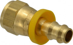 Eaton - 3/8" ID 5/8-18 UNF Barbed Push On Female SAE 45 Swivel Connector - 7/8" Cut Off Allowance, 1.62" Long, 3/4" Hex, Brass - Exact Tooling
