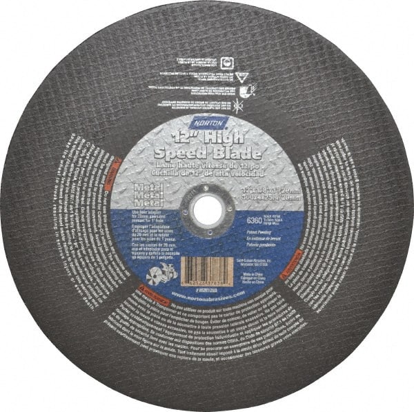 Norton - 12" 24 Grit Aluminum Oxide Cutoff Wheel - 1/8" Thick, 1" Arbor, 6,360 Max RPM, Use with Electric & Gas Powered Saws - Exact Tooling