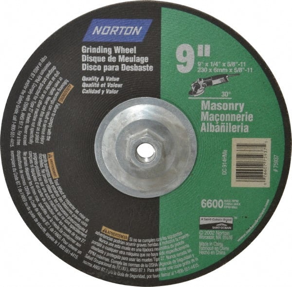 Norton - 24 Grit, 9" Wheel Diam, 1/4" Wheel Thickness, Type 27 Depressed Center Wheel - Silicon Carbide, 6,600 Max RPM, Compatible with Angle Grinder - Exact Tooling