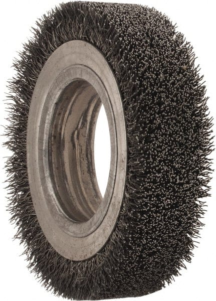 Osborn - 4-1/4" OD, 2" Arbor Hole, Crimped Steel Wheel Brush - 1" Face Width, 3/4" Trim Length, 0.0118" Filament Diam, 6,000 RPM - Exact Tooling