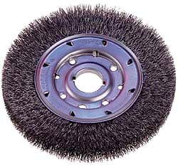 Osborn - 8" OD, 1-1/4" Arbor Hole, Crimped Steel Wheel Brush - 5/8" Face Width, 1-1/2" Trim Length, 0.008" Filament Diam, 4,500 RPM - Exact Tooling