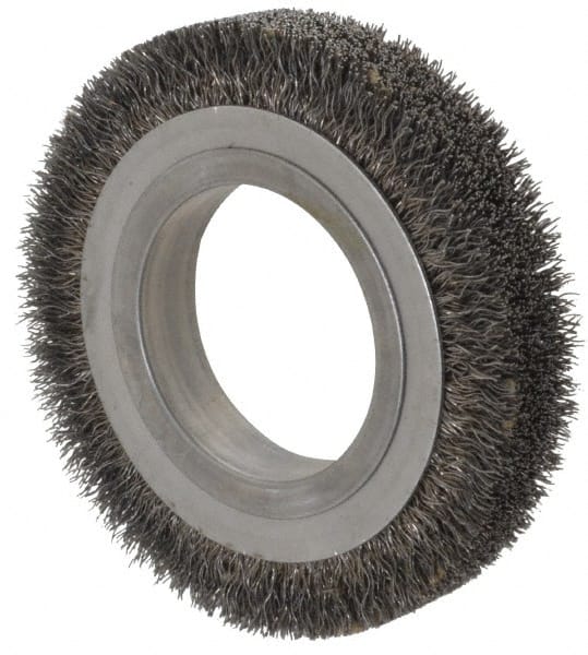 Osborn - 4-1/4" OD, 2" Arbor Hole, Crimped Steel Wheel Brush - 5/8" Face Width, 11/16" Trim Length, 0.0118" Filament Diam, 6,000 RPM - Exact Tooling