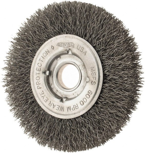 Osborn - 4" OD, 1/2 & 5/8" Arbor Hole, Crimped Steel Wheel Brush - 5/8" Face Width, 13/16" Trim Length, 0.0104" Filament Diam, 6,000 RPM - Exact Tooling