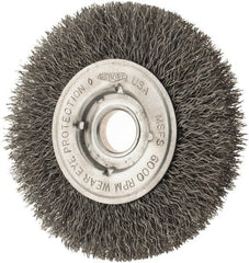 Osborn - 4" OD, 1/2 & 5/8" Arbor Hole, Crimped Steel Wheel Brush - 5/8" Face Width, 13/16" Trim Length, 0.0104" Filament Diam, 6,000 RPM - Exact Tooling