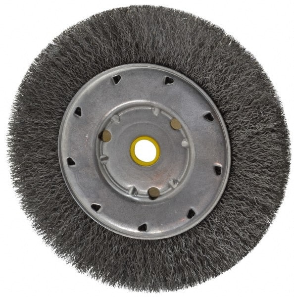 Osborn - 6" OD, 1/2 & 5/8" Arbor Hole, Crimped Steel Wheel Brush - 5/8" Face Width, 1-1/8" Trim Length, 0.008" Filament Diam, 6,000 RPM - Exact Tooling