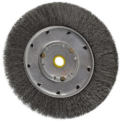 Osborn - 6" OD, 1/2 & 5/8" Arbor Hole, Crimped Steel Wheel Brush - 5/8" Face Width, 1-1/8" Trim Length, 0.008" Filament Diam, 6,000 RPM - Exact Tooling