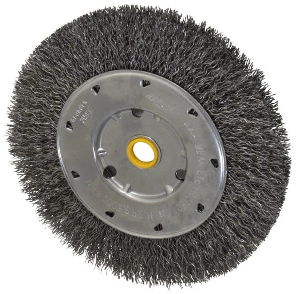 Osborn - 6" OD, 1/2 & 5/8" Arbor Hole, Crimped Steel Wheel Brush - 5/8" Face Width, 1-1/8" Trim Length, 0.014" Filament Diam, 6,000 RPM - Exact Tooling