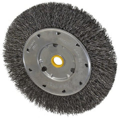 Osborn - 6" OD, 1/2 & 5/8" Arbor Hole, Crimped Steel Wheel Brush - 5/8" Face Width, 1-1/8" Trim Length, 0.014" Filament Diam, 6,000 RPM - Exact Tooling