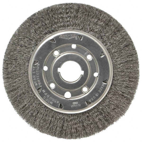 Osborn - 8" OD, 1-1/4" Arbor Hole, Crimped Steel Wheel Brush - 5/8" Face Width, 1-1/2" Trim Length, 0.0104" Filament Diam, 4,500 RPM - Exact Tooling