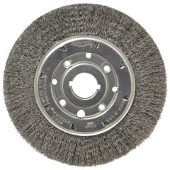 Osborn - 8" OD, 1-1/4" Arbor Hole, Crimped Steel Wheel Brush - 5/8" Face Width, 1-1/2" Trim Length, 0.0104" Filament Diam, 4,500 RPM - Exact Tooling