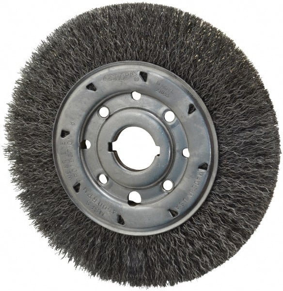 Osborn - 8" OD, 1-1/4" Arbor Hole, Crimped Steel Wheel Brush - 5/8" Face Width, 1-1/2" Trim Length, 0.014" Filament Diam, 4,500 RPM - Exact Tooling