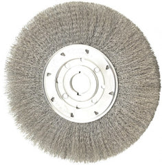 Osborn - 10" OD, 1-1/4" Arbor Hole, Crimped Steel Wheel Brush - 5/8" Face Width, 2-1/2" Trim Length, 0.0104" Filament Diam, 3,600 RPM - Exact Tooling