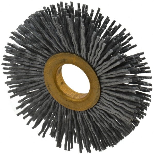 Osborn - 2-1/2" OD, 5/8" Arbor Hole, Crimped Nylon Wheel Brush - 3/8" Face Width, 11/16" Trim Length, 15,000 RPM - Exact Tooling