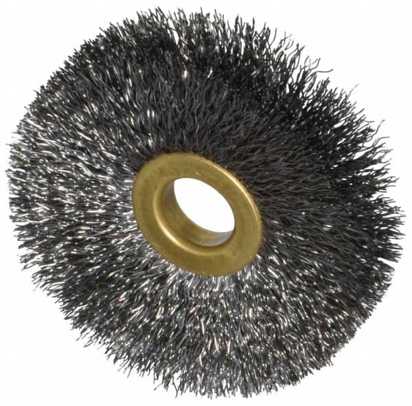 Osborn - 2-1/2" OD, 1/2" Arbor Hole, Crimped Steel Wheel Brush - 1/4" Face Width, 3/4" Trim Length, 0.008" Filament Diam, 20,000 RPM - Exact Tooling