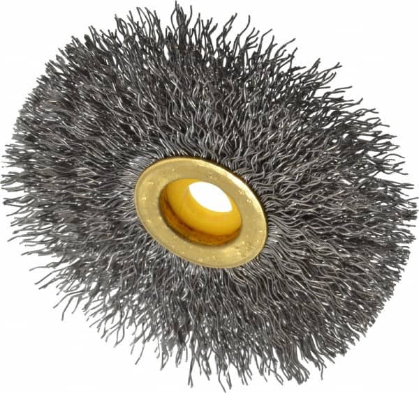 Osborn - 3" OD, 3/8" Arbor Hole, Crimped Steel Wheel Brush - 3/8" Face Width, 15/16" Trim Length, 0.014" Filament Diam, 20,000 RPM - Exact Tooling